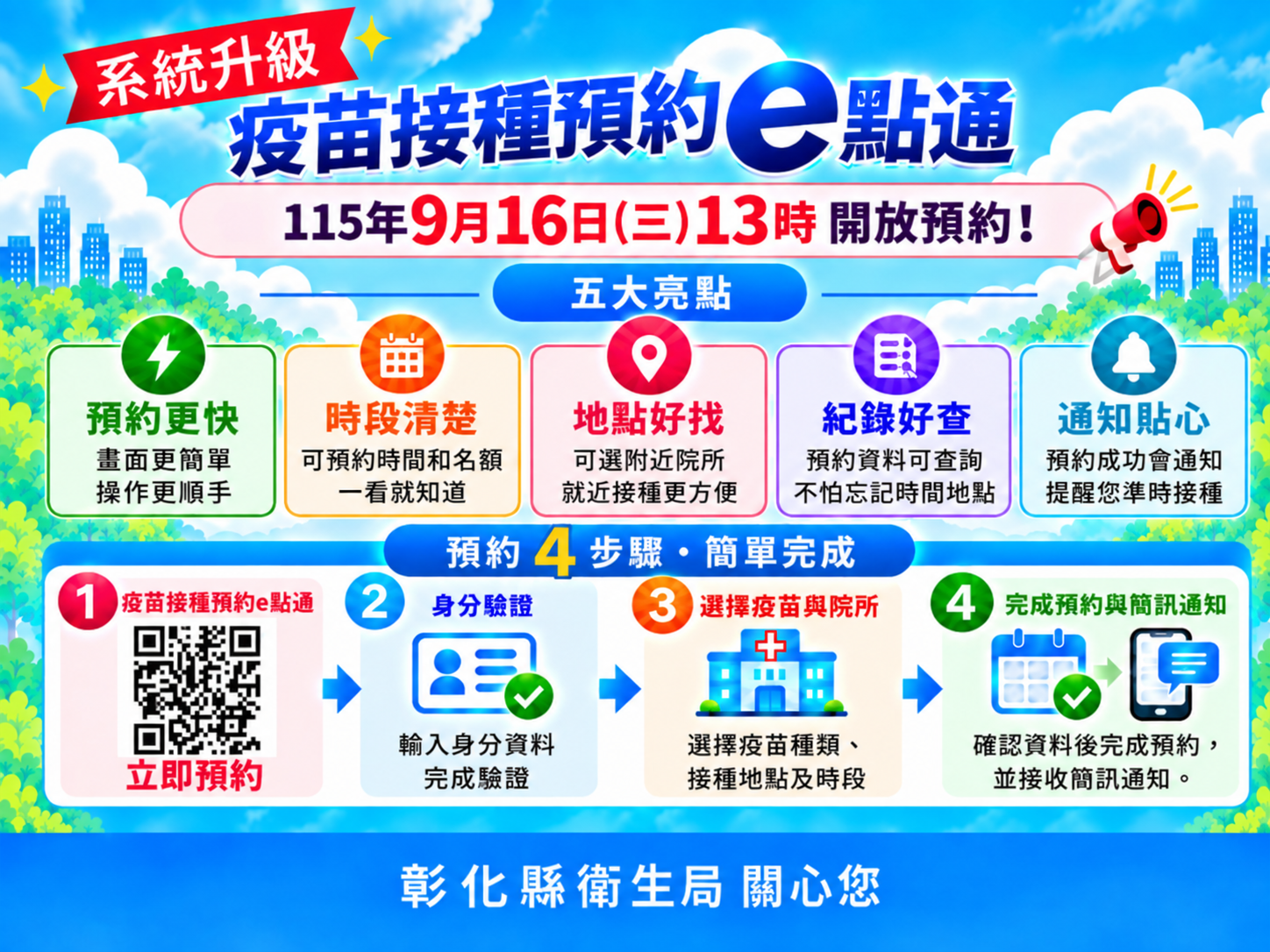 彰化縣新版「疫苗接種預約 e 點通系統」升級完成啦~宣傳圖片